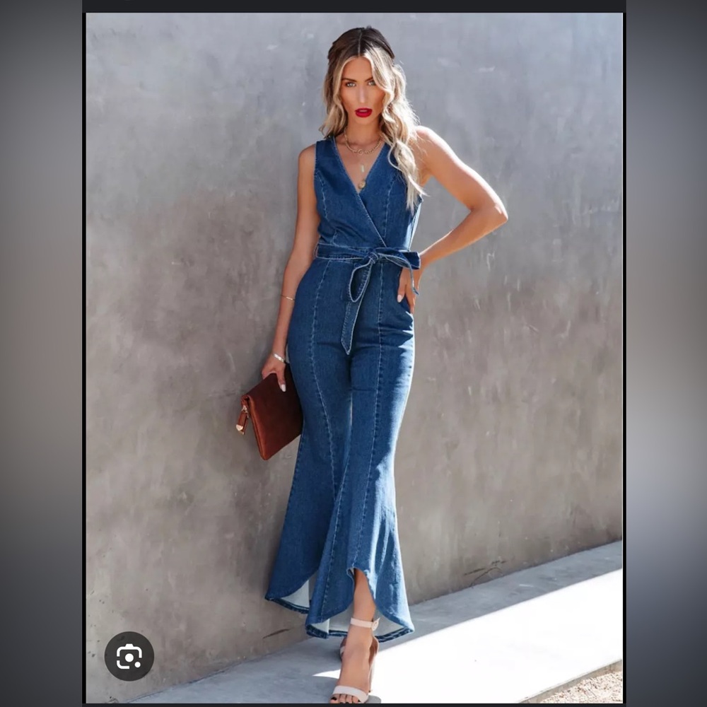 Vici high low flare denim jumpsuit